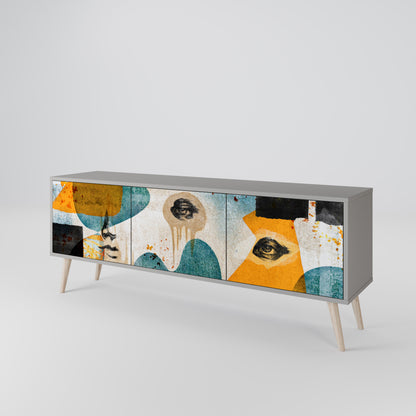 ABSTRACT FACES 3-Door TV Stand in Grey Finish