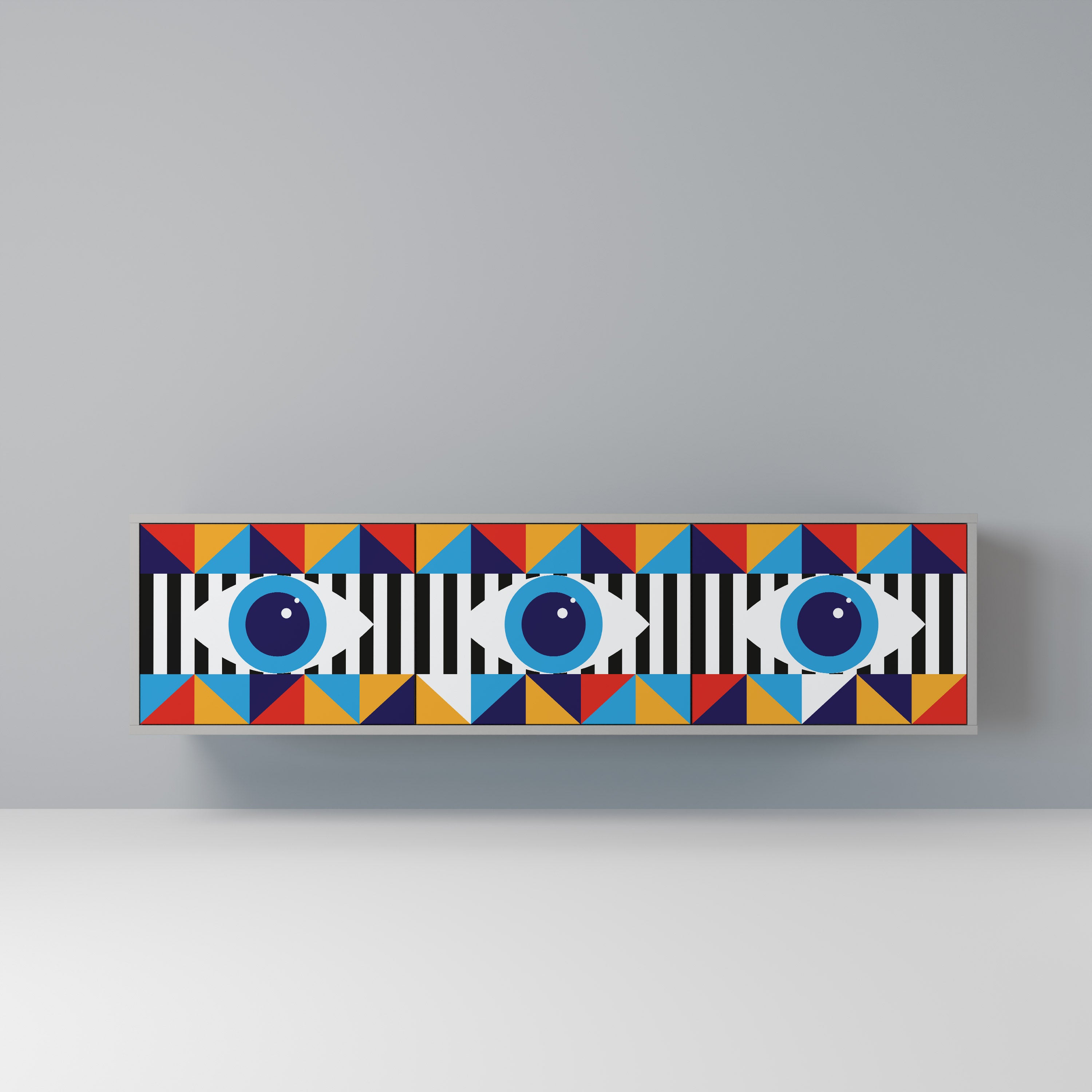 ABSTRAKTION OCH GEOMETRI 3-dörrars TV-bänk i grå finish