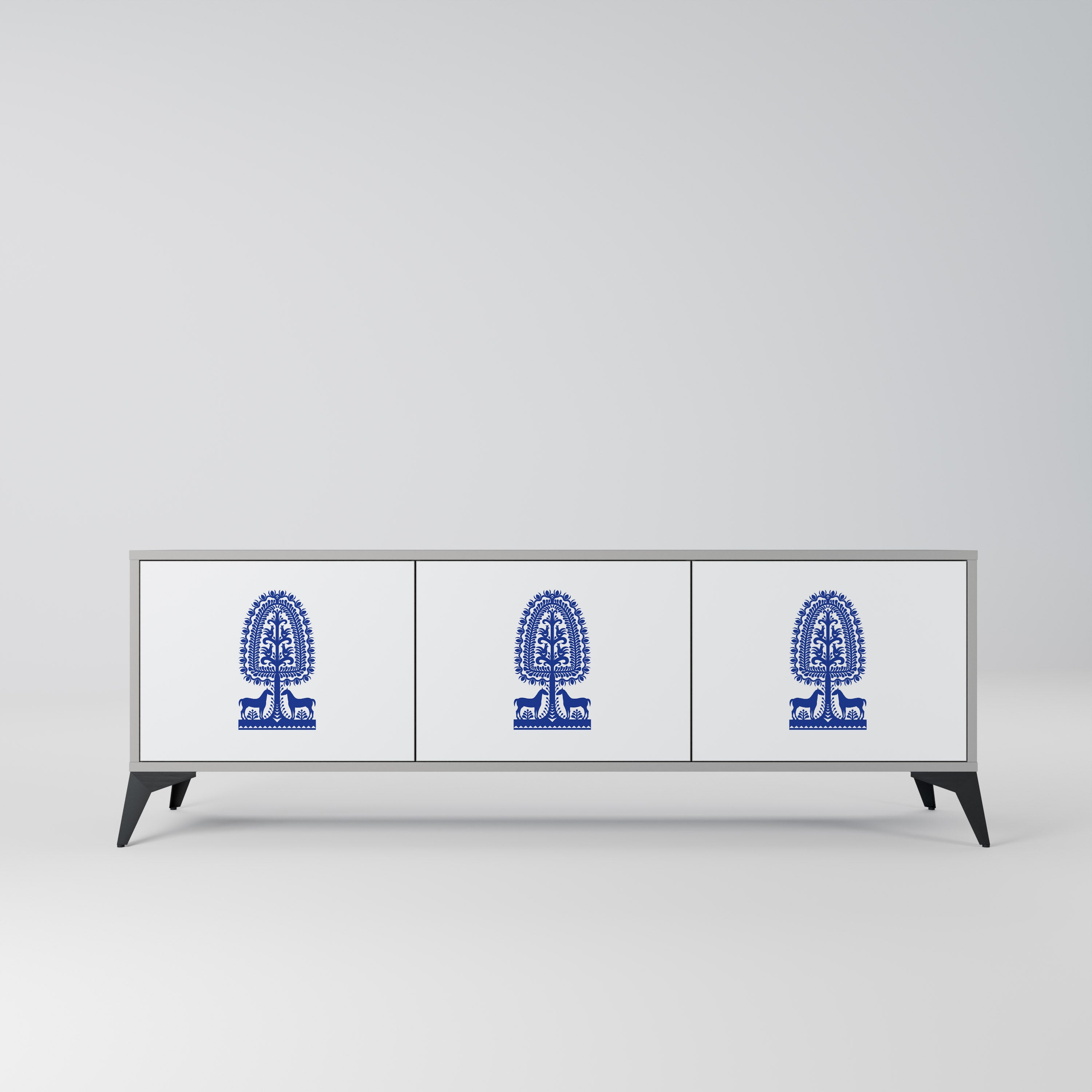 POLISH FOLK ART 3-dörrars TV-bänk i grå finish