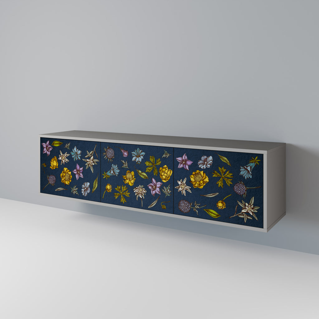 BLOMMOR PÅ MARINBLÅT 3-dörrars TV-bänk i grå finish
