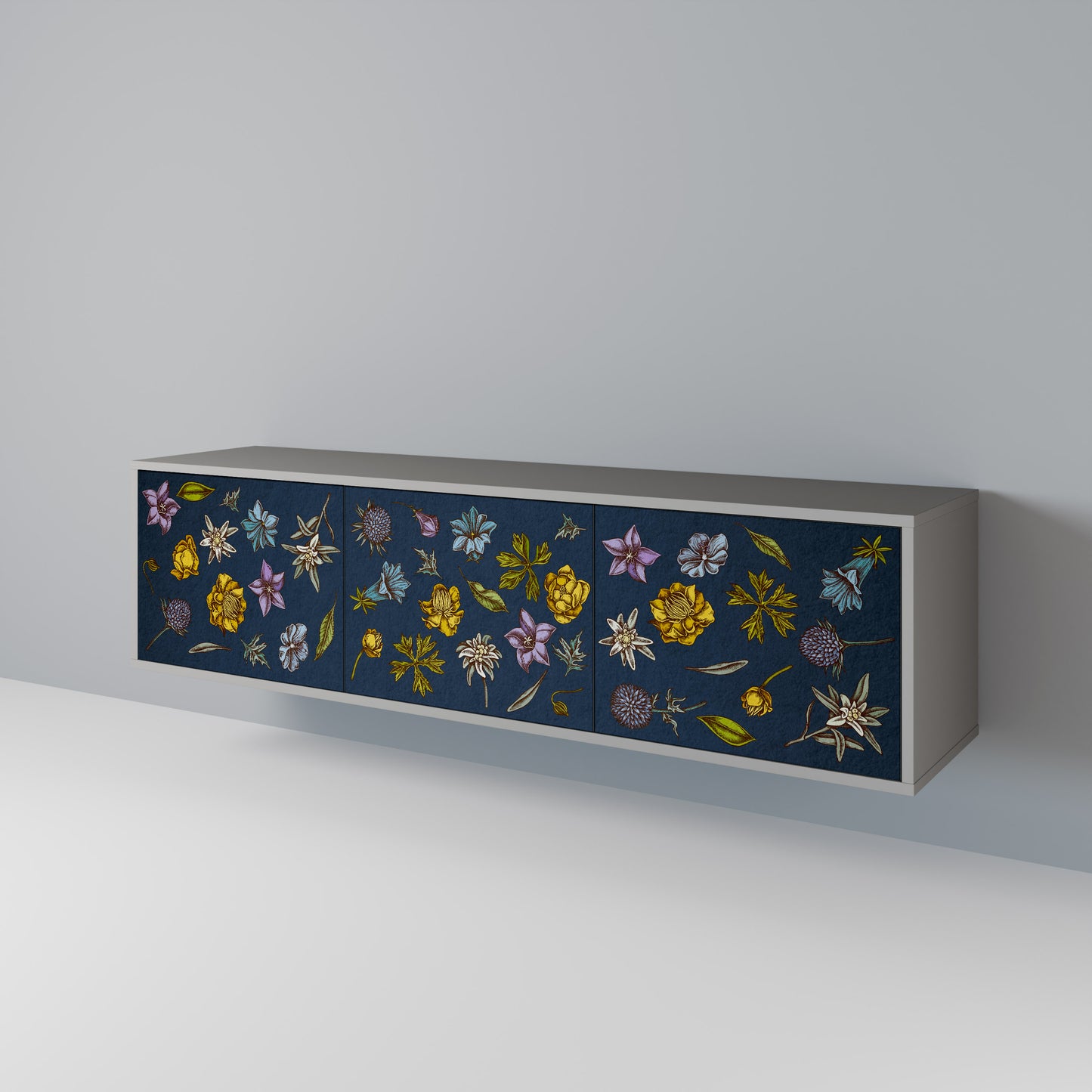 BLOMMOR PÅ MARINBLÅT 3-dörrars TV-bänk i grå finish