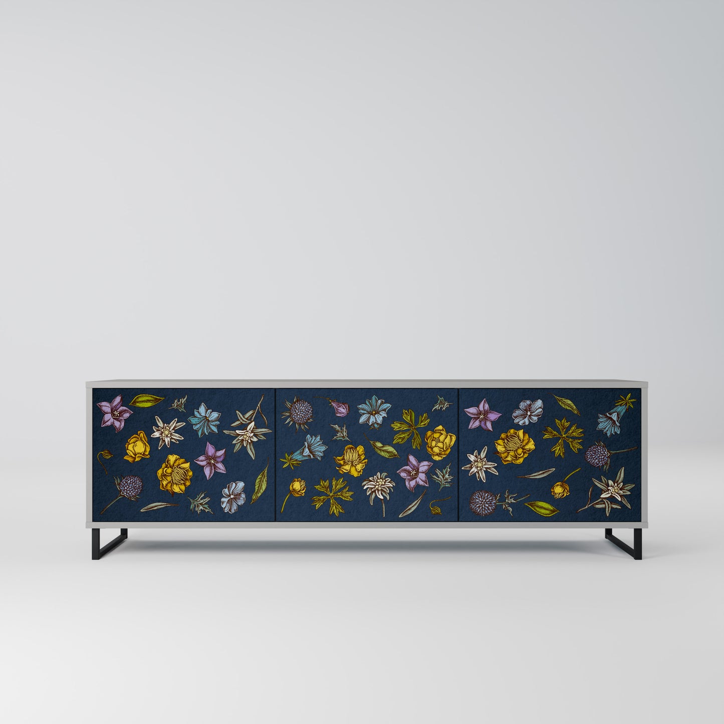 BLOMMOR PÅ MARINBLÅT 3-dörrars TV-bänk i grå finish