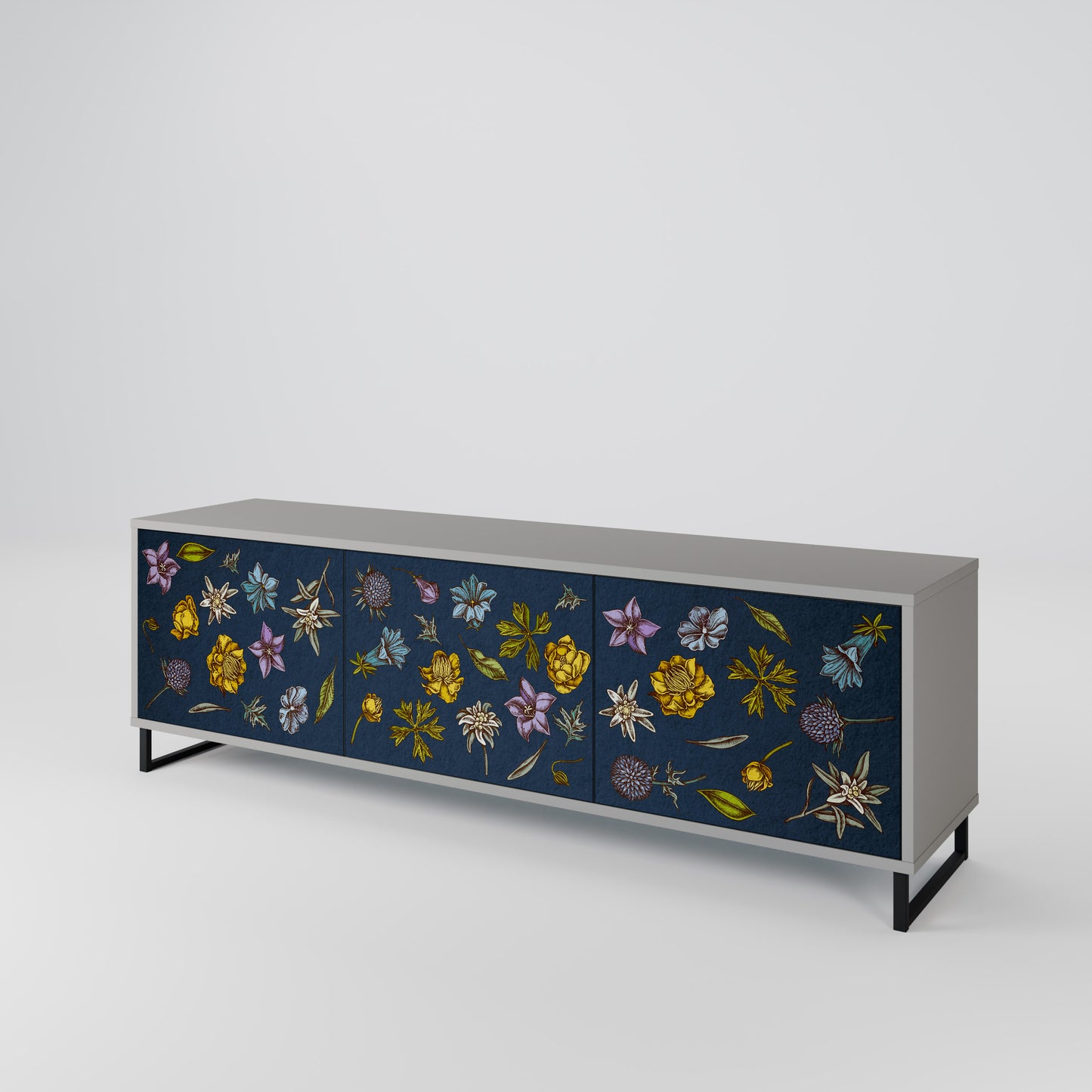 BLOMMOR PÅ MARINBLÅT 3-dörrars TV-bänk i grå finish