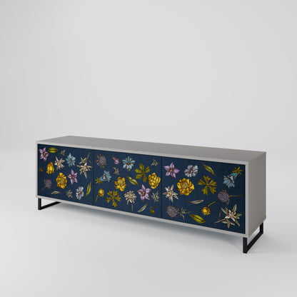 BLOMMOR PÅ MARINBLÅT 3-dörrars TV-bänk i grå finish