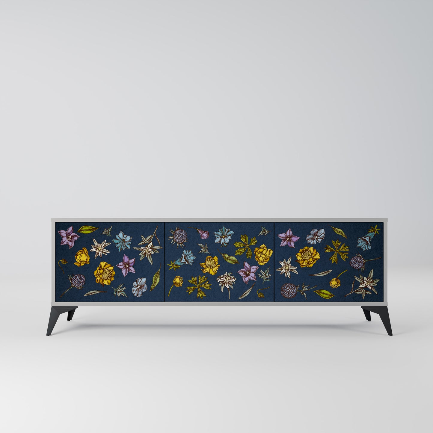 BLOMMOR PÅ MARINBLÅT 3-dörrars TV-bänk i grå finish