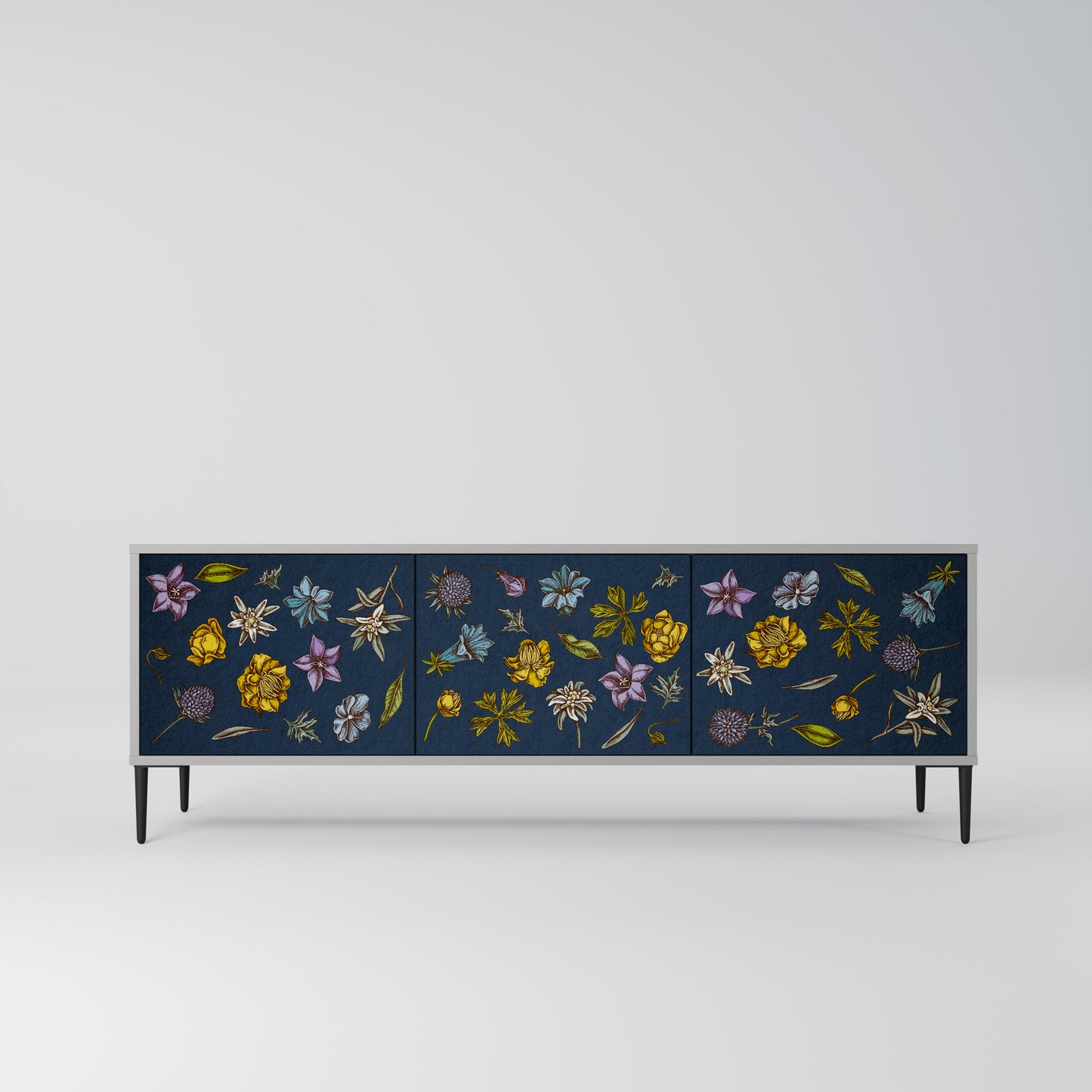 BLOMMOR PÅ MARINBLÅT 3-dörrars TV-bänk i grå finish