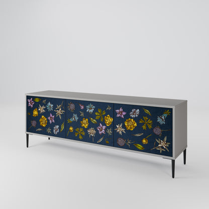 BLOMMOR PÅ MARINBLÅT 3-dörrars TV-bänk i grå finish