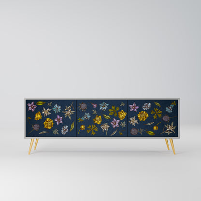 BLOMMOR PÅ MARINBLÅT 3-dörrars TV-bänk i grå finish