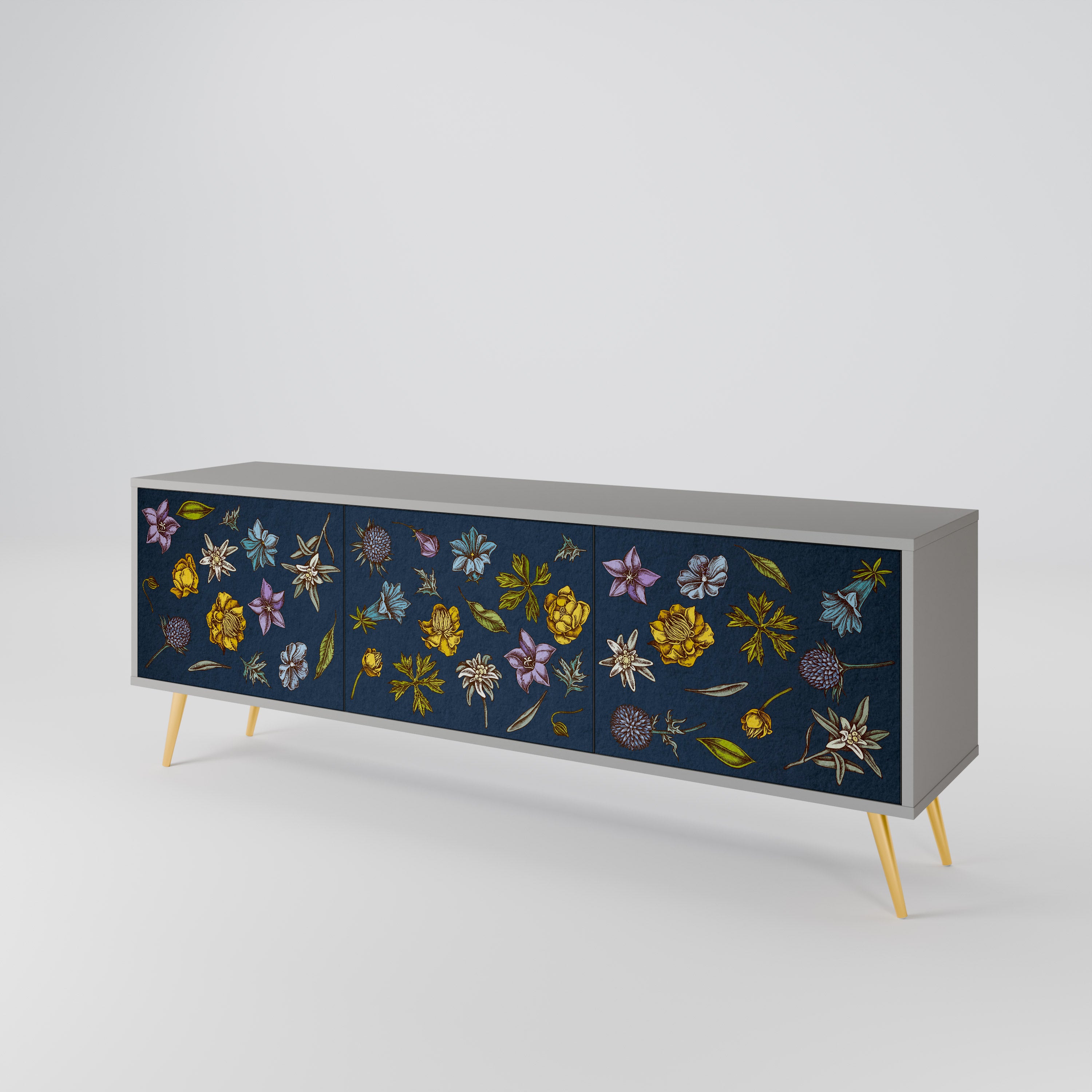 BLOMMOR PÅ MARINBLÅT 3-dörrars TV-bänk i grå finish