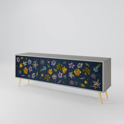 BLOMMOR PÅ MARINBLÅT 3-dörrars TV-bänk i grå finish