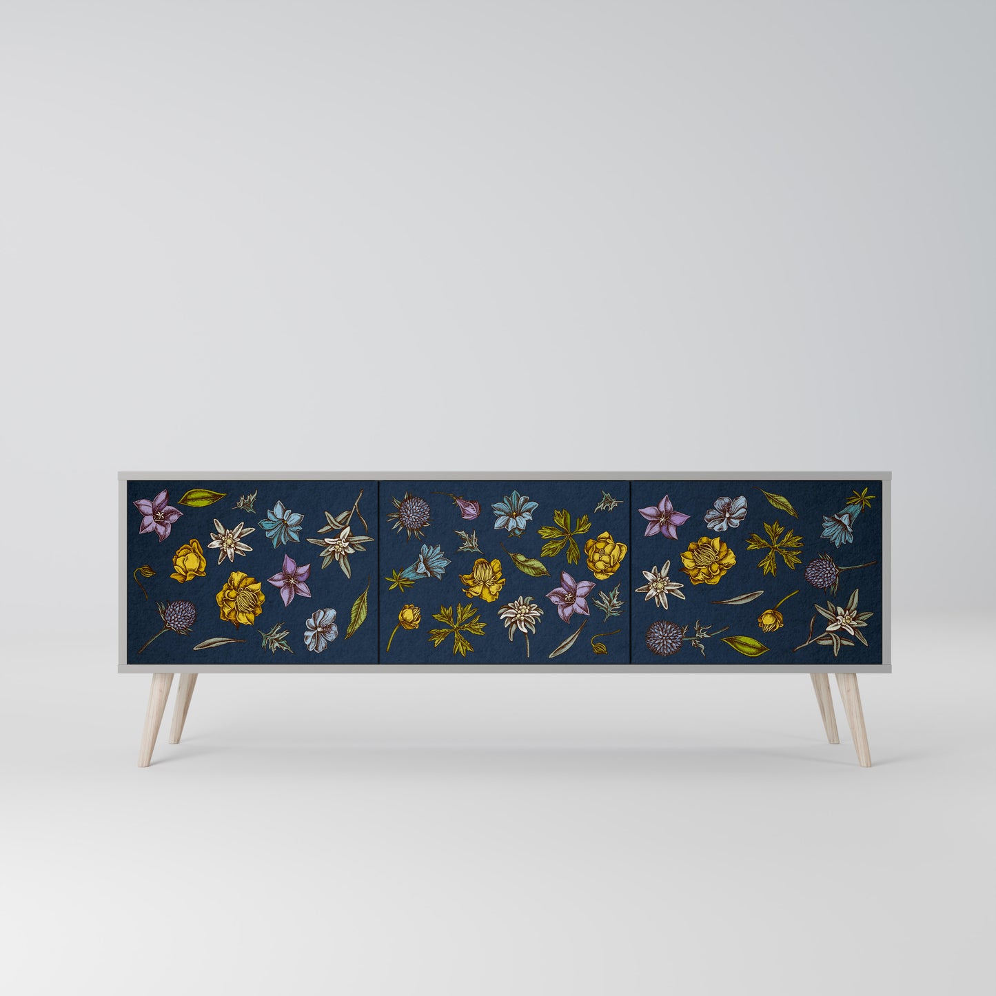 BLOMMOR PÅ MARINBLÅT 3-dörrars TV-bänk i grå finish