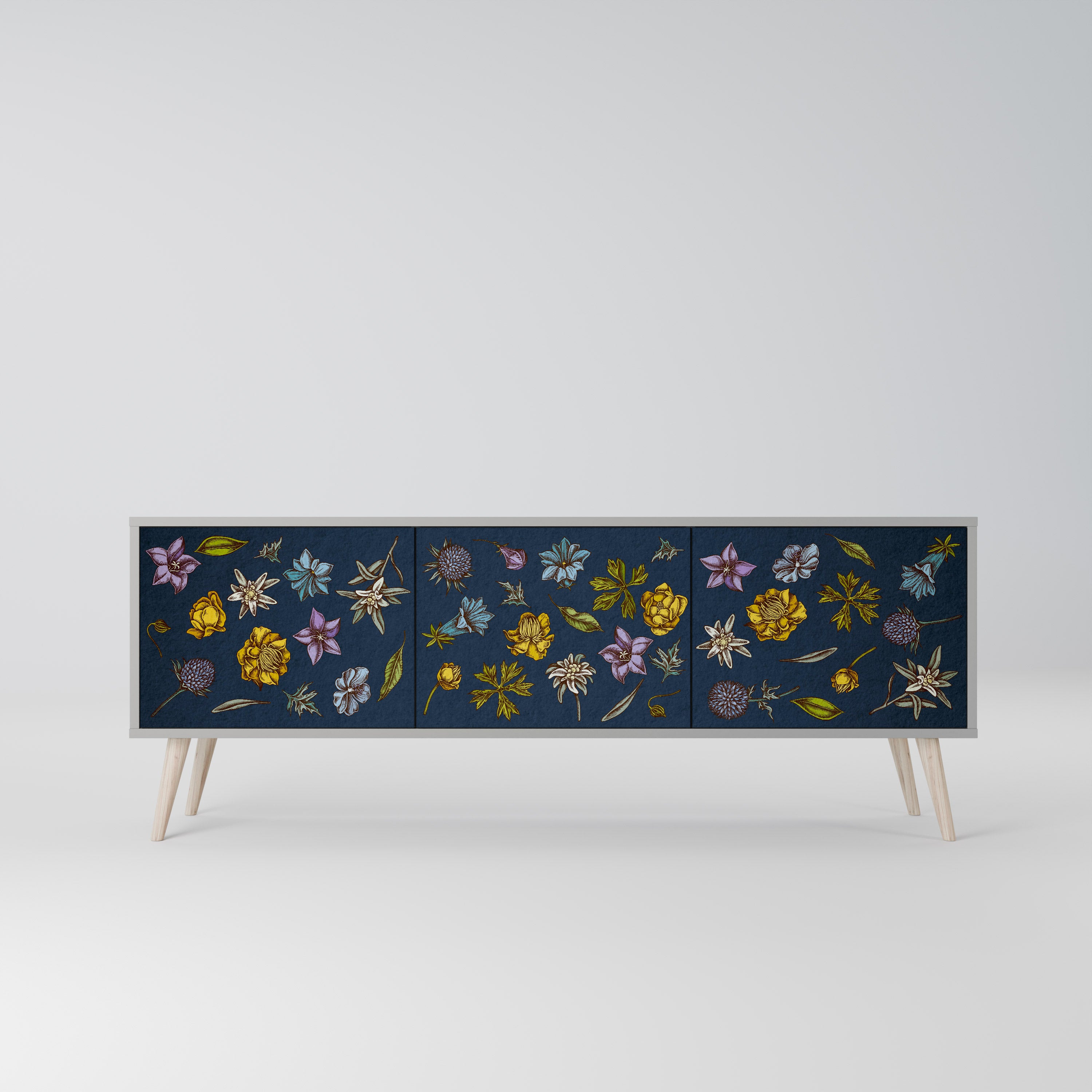 BLOMMOR PÅ MARINBLÅT 3-dörrars TV-bänk i grå finish