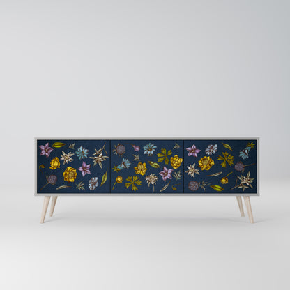 BLOMMOR PÅ MARINBLÅT 3-dörrars TV-bänk i grå finish