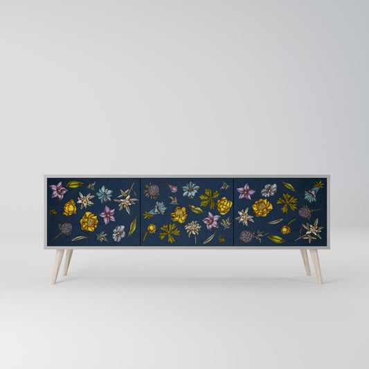 BLOMMOR PÅ MARINBLÅT 3-dörrars TV-bänk i grå finish