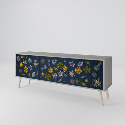 BLOMMOR PÅ MARINBLÅT 3-dörrars TV-bänk i grå finish