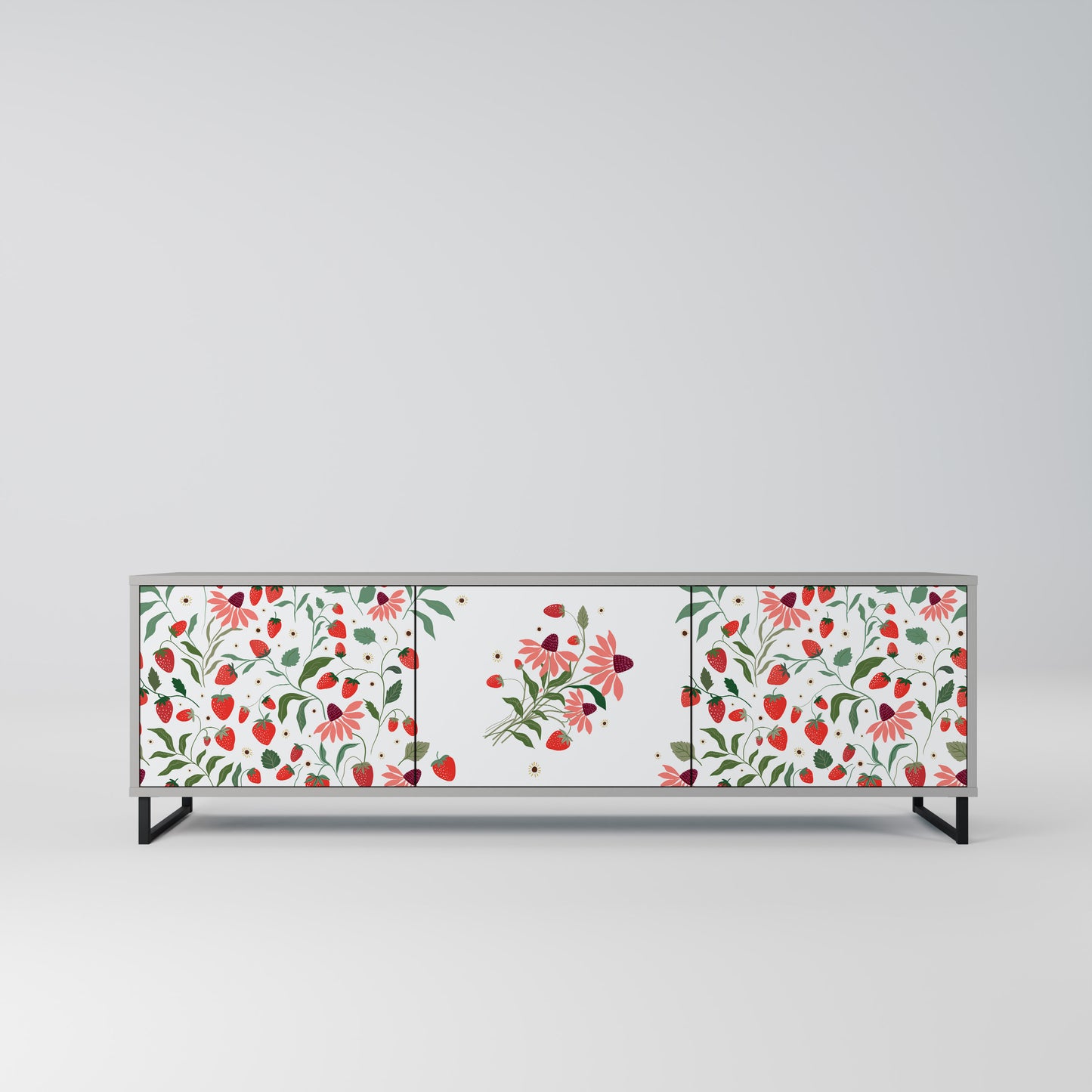 BLOMMOR OCH JORDGUBBAR 3-dörrars TV-bänk i grå finish