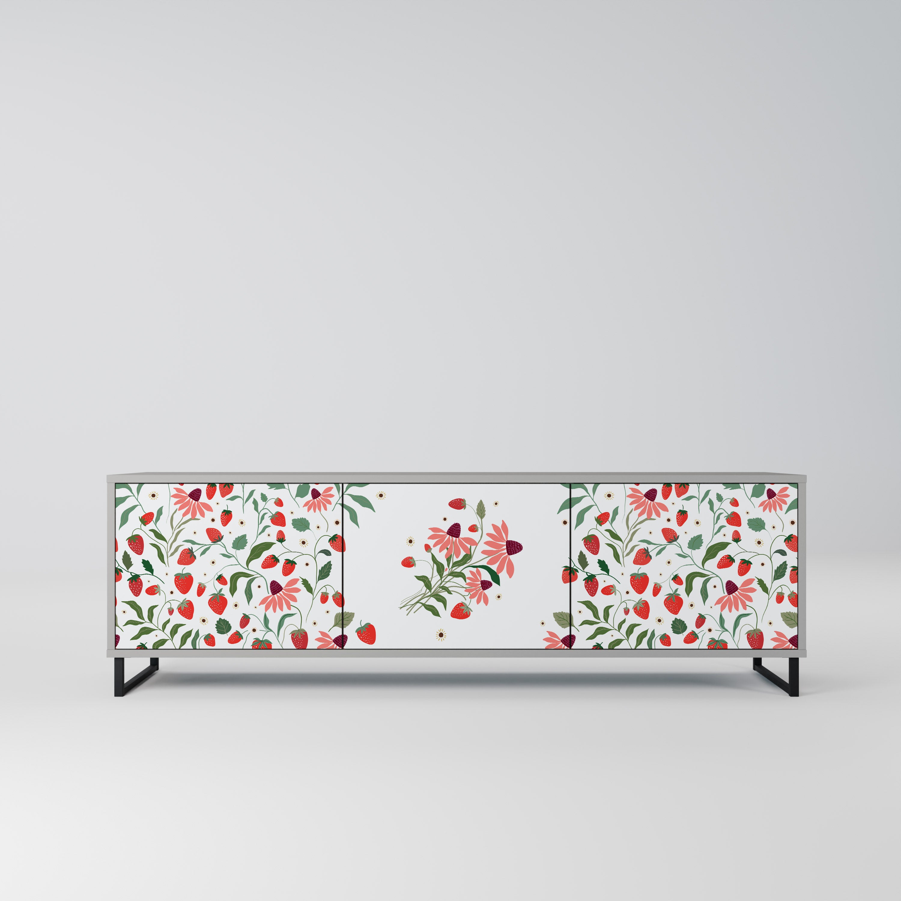 BLOMMOR OCH JORDGUBBAR 3-dörrars TV-bänk i grå finish