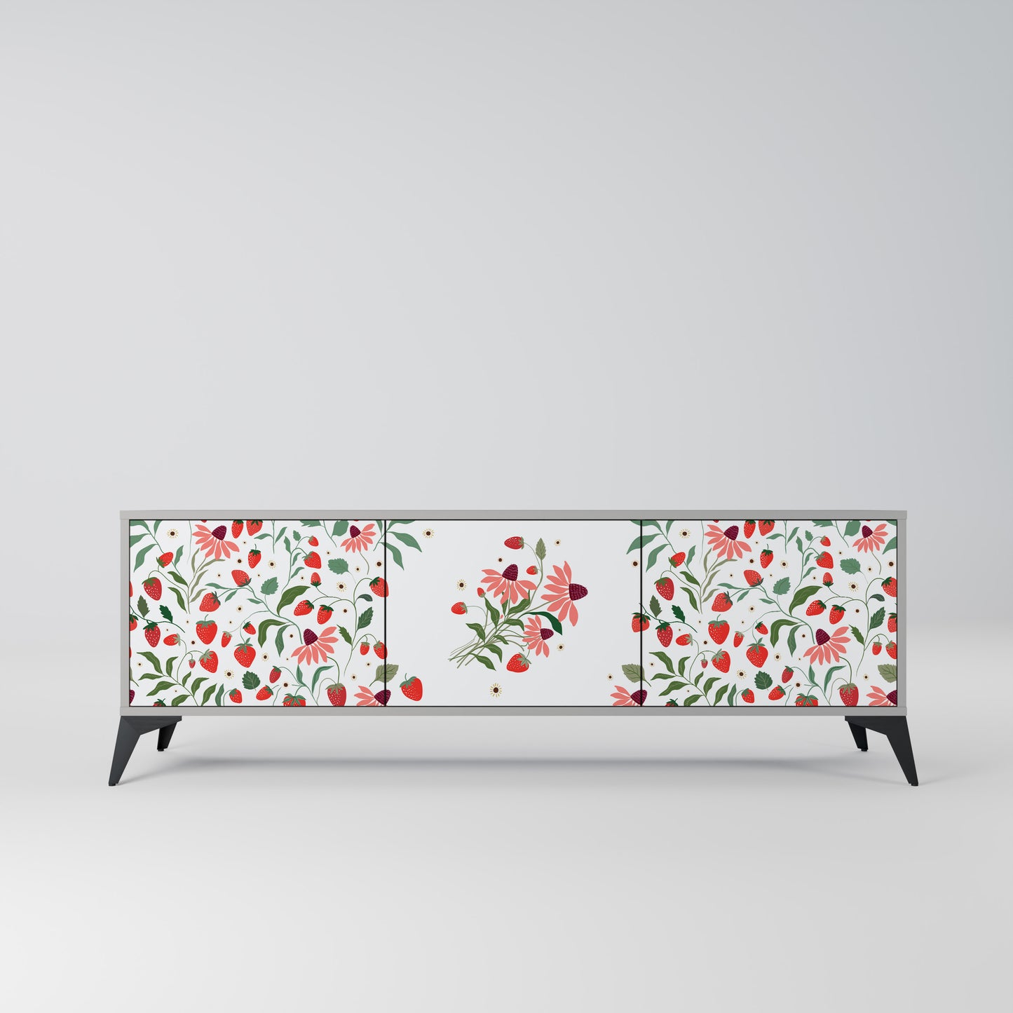BLOMMOR OCH JORDGUBBAR 3-dörrars TV-bänk i grå finish