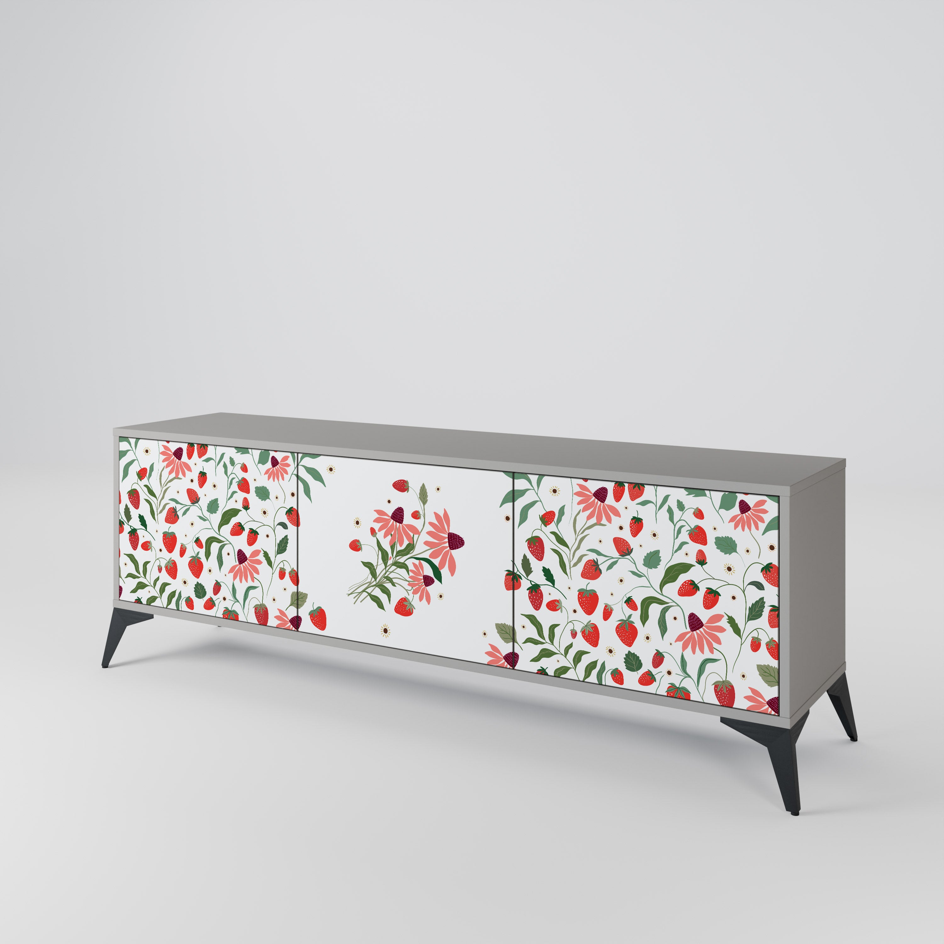 BLOMMOR OCH JORDGUBBAR 3-dörrars TV-bänk i grå finish
