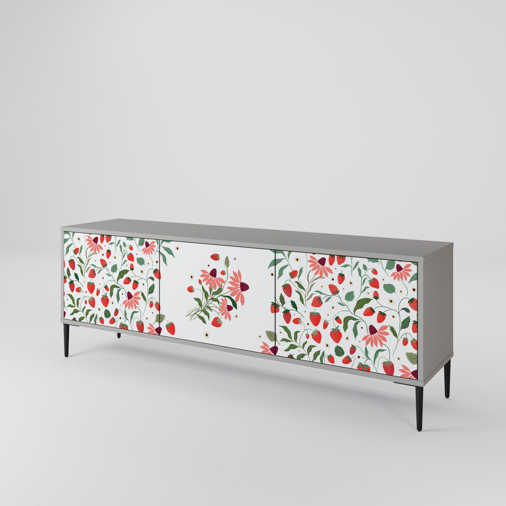 BLOMMOR OCH JORDGUBBAR 3-dörrars TV-bänk i grå finish