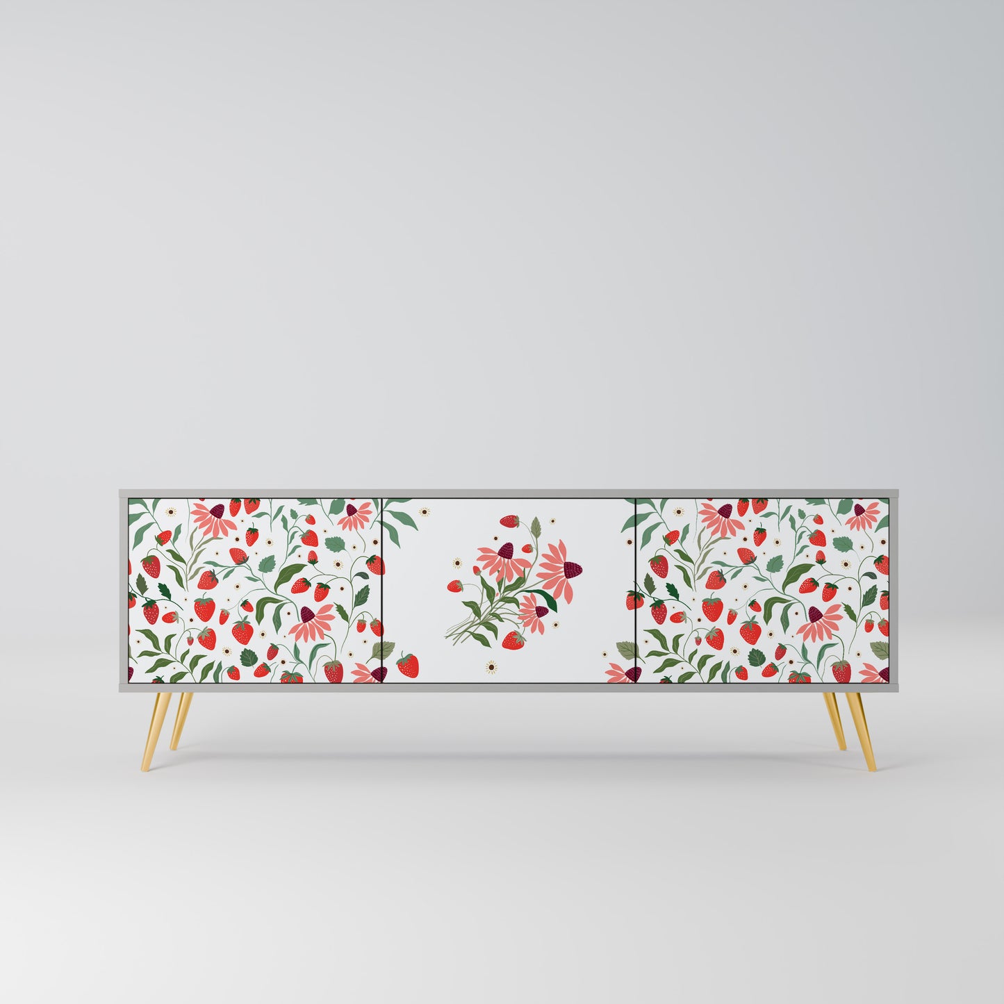 BLOMMOR OCH JORDGUBBAR 3-dörrars TV-bänk i grå finish