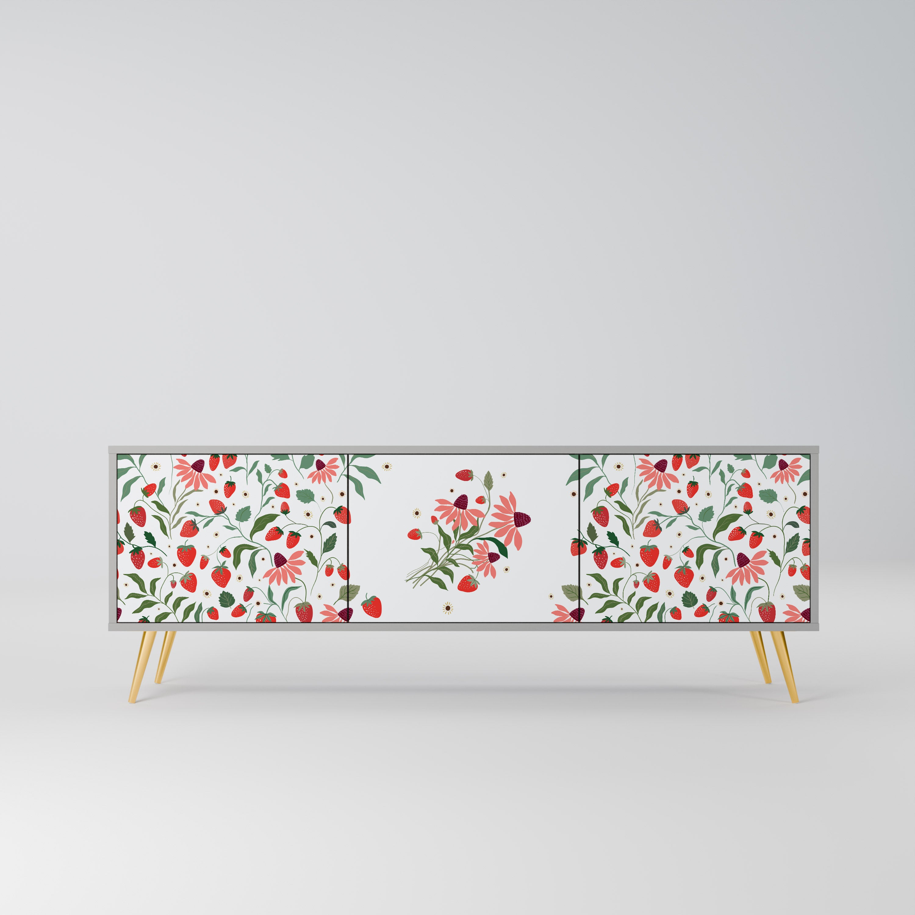 BLOMMOR OCH JORDGUBBAR 3-dörrars TV-bänk i grå finish