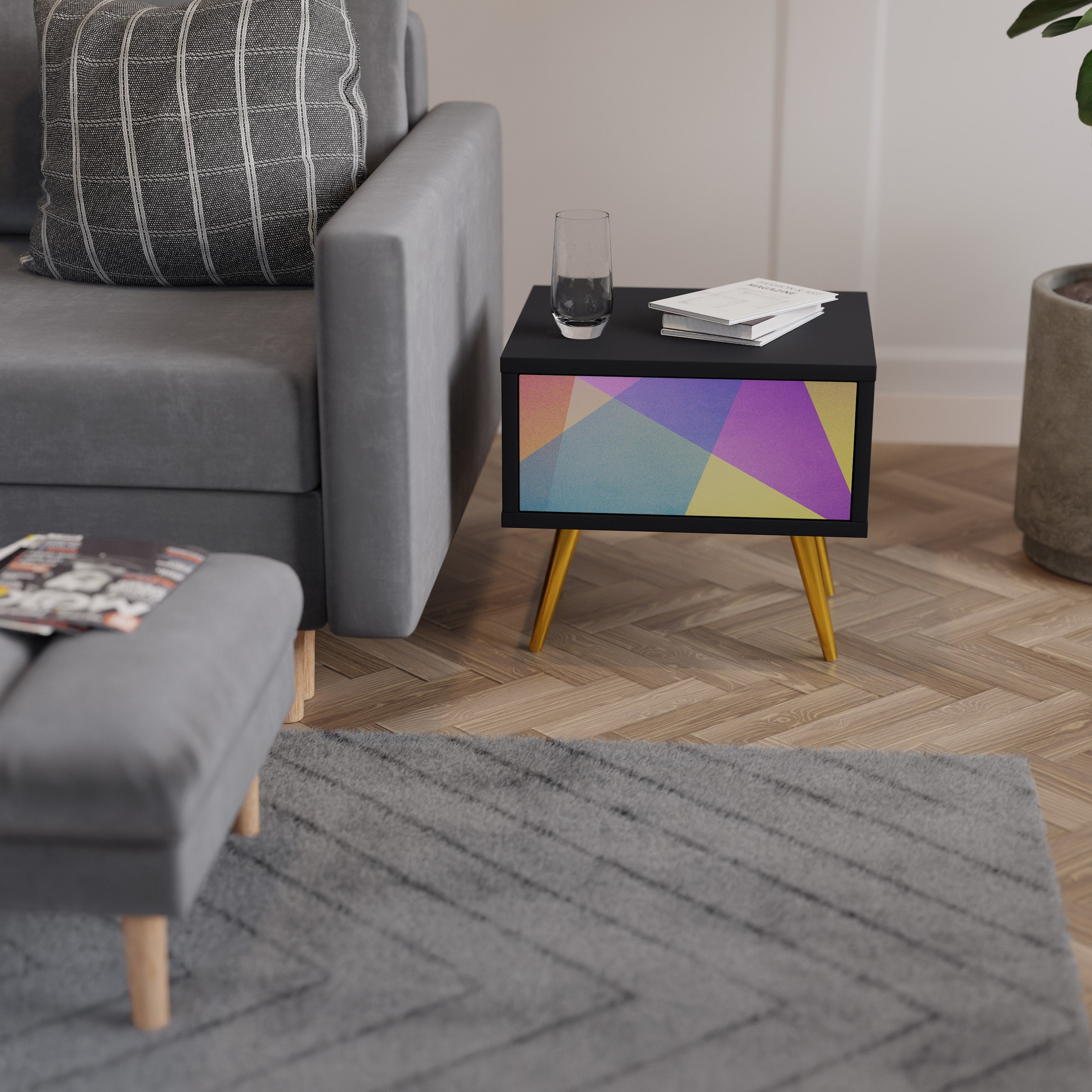LJUS GEOMETRISK Sängbord i svart finish