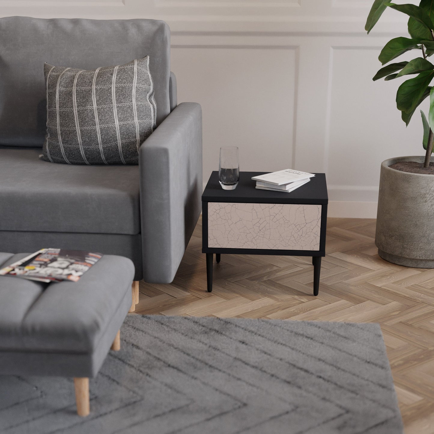 Nattduksbord i svart finish med keramisk textur