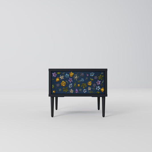 BLOMMOR PÅ MARINBLÅTT SJUKDAGSBORD i svart finish