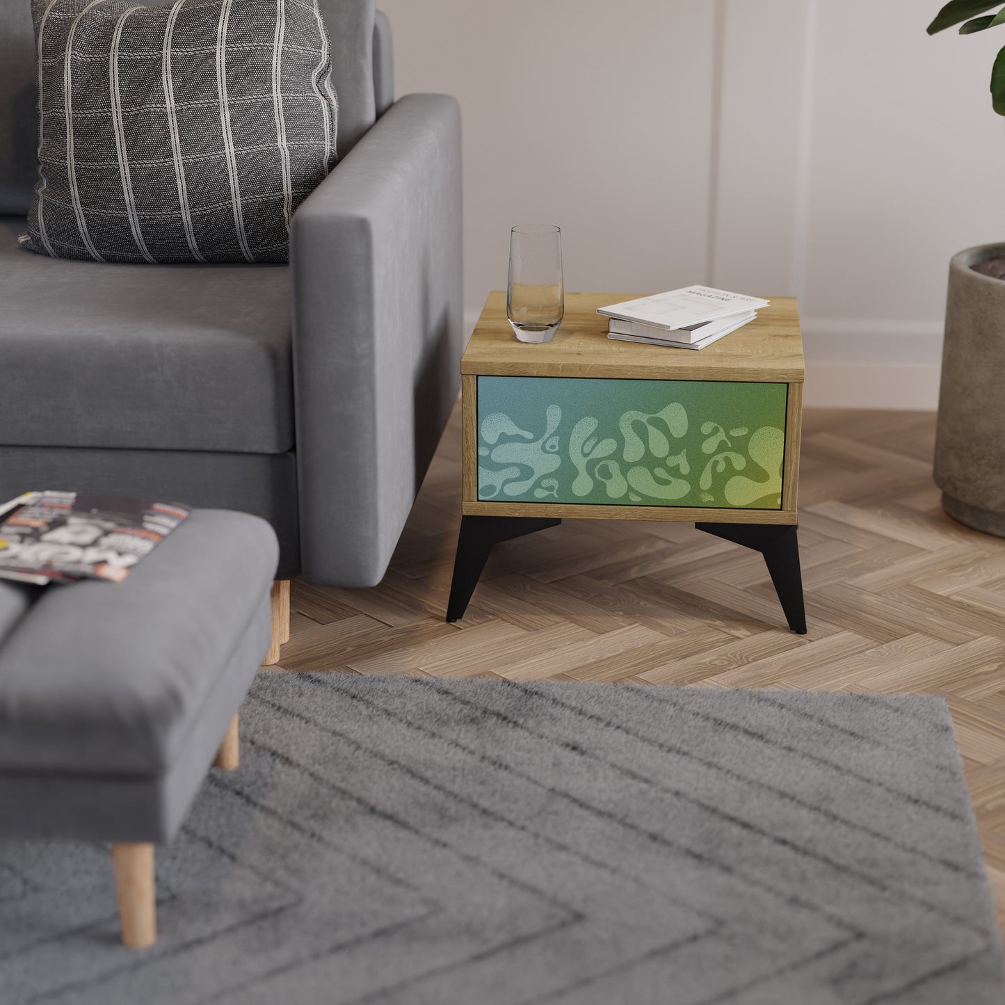 IRREGULAR BLUE Nightstand in Oak Effect