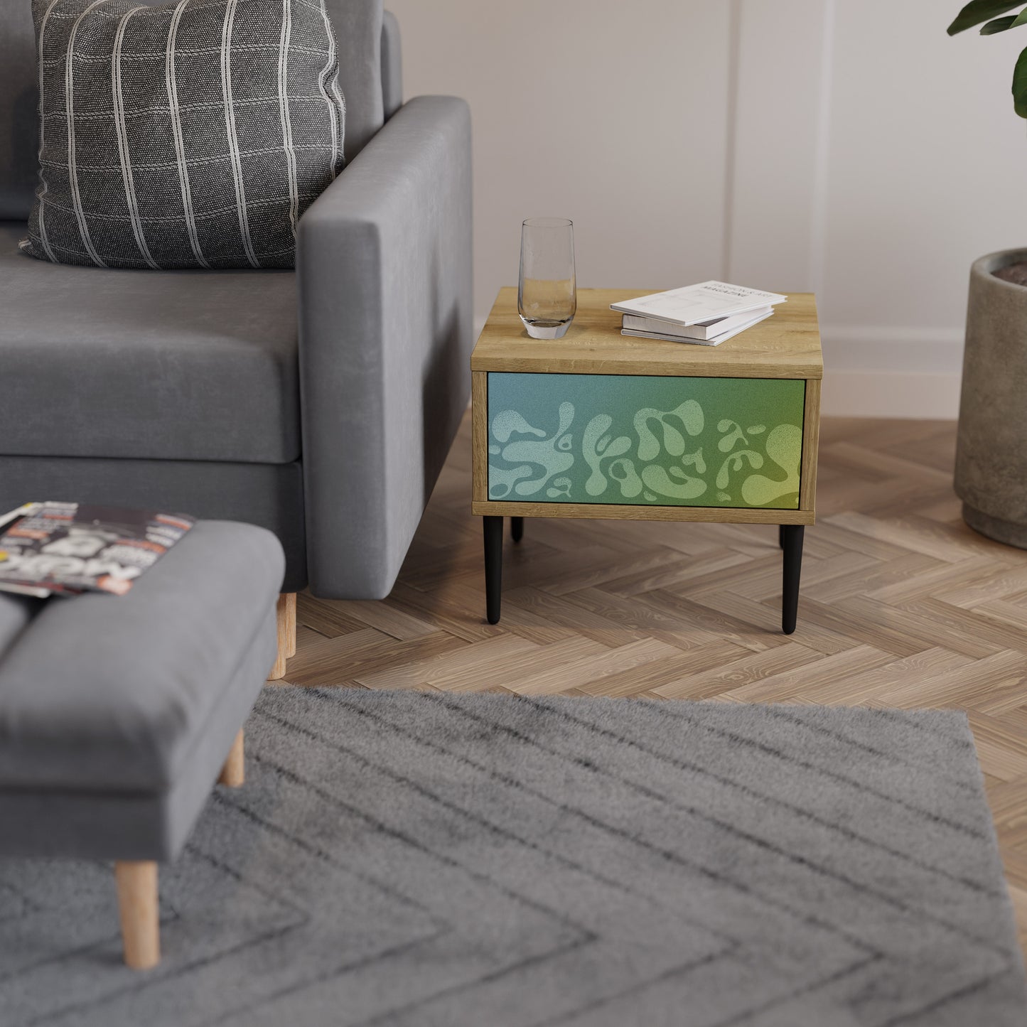 IRREGULAR BLUE Nightstand in Oak Effect