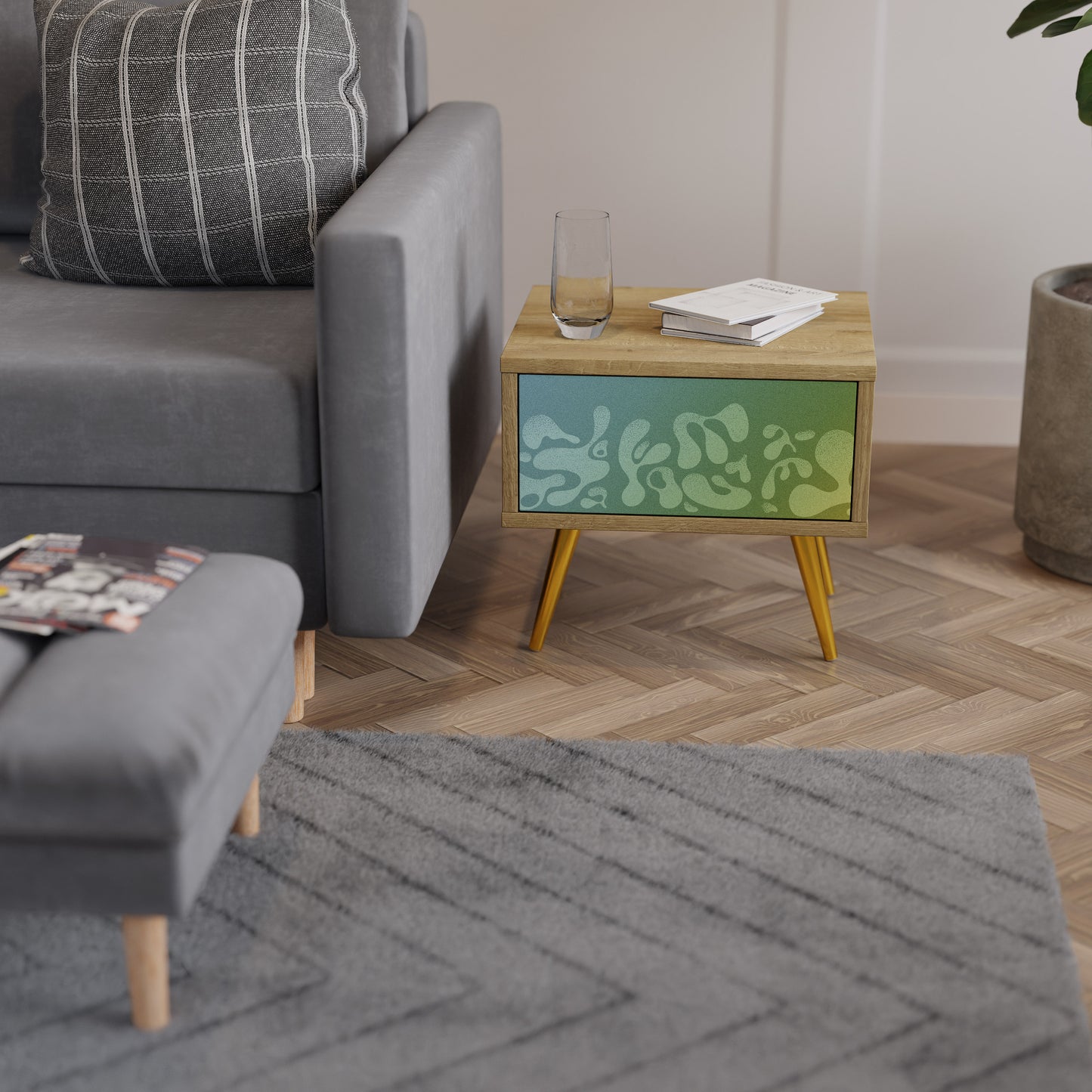 IRREGULAR BLUE Nightstand in Oak Effect