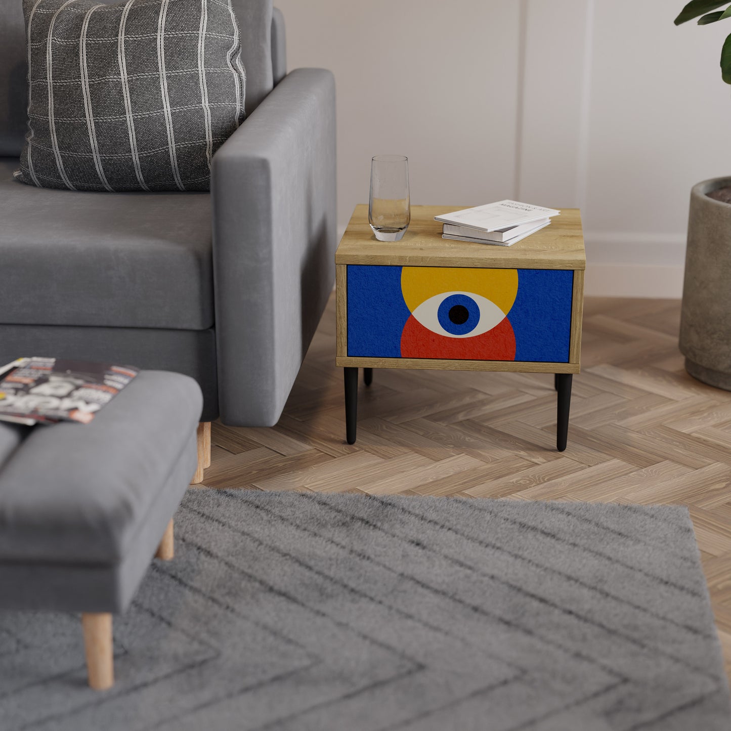 GEOMETRIC EYES Nightstand in Oak Effect