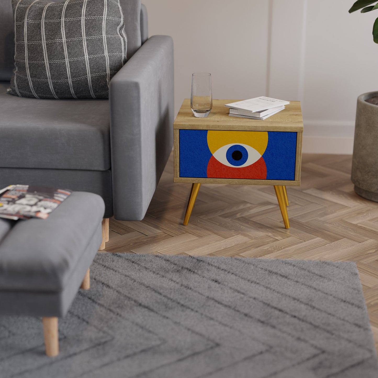 GEOMETRIC EYES Nightstand in Oak Effect
