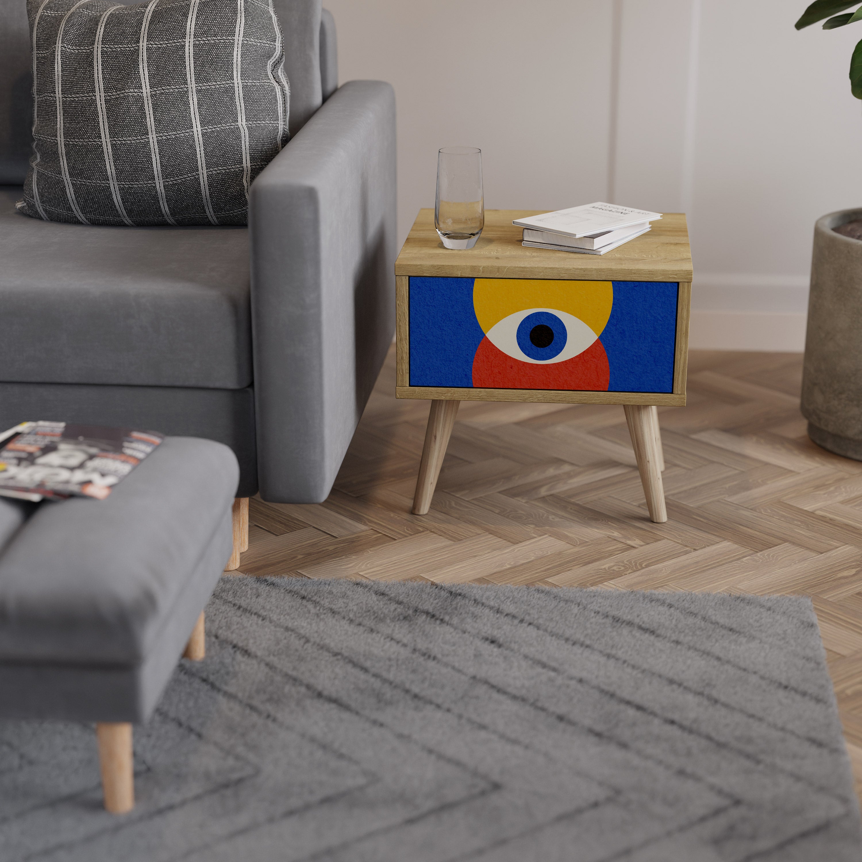 GEOMETRISKA ÖGON Nattduksbord i ekeffekt