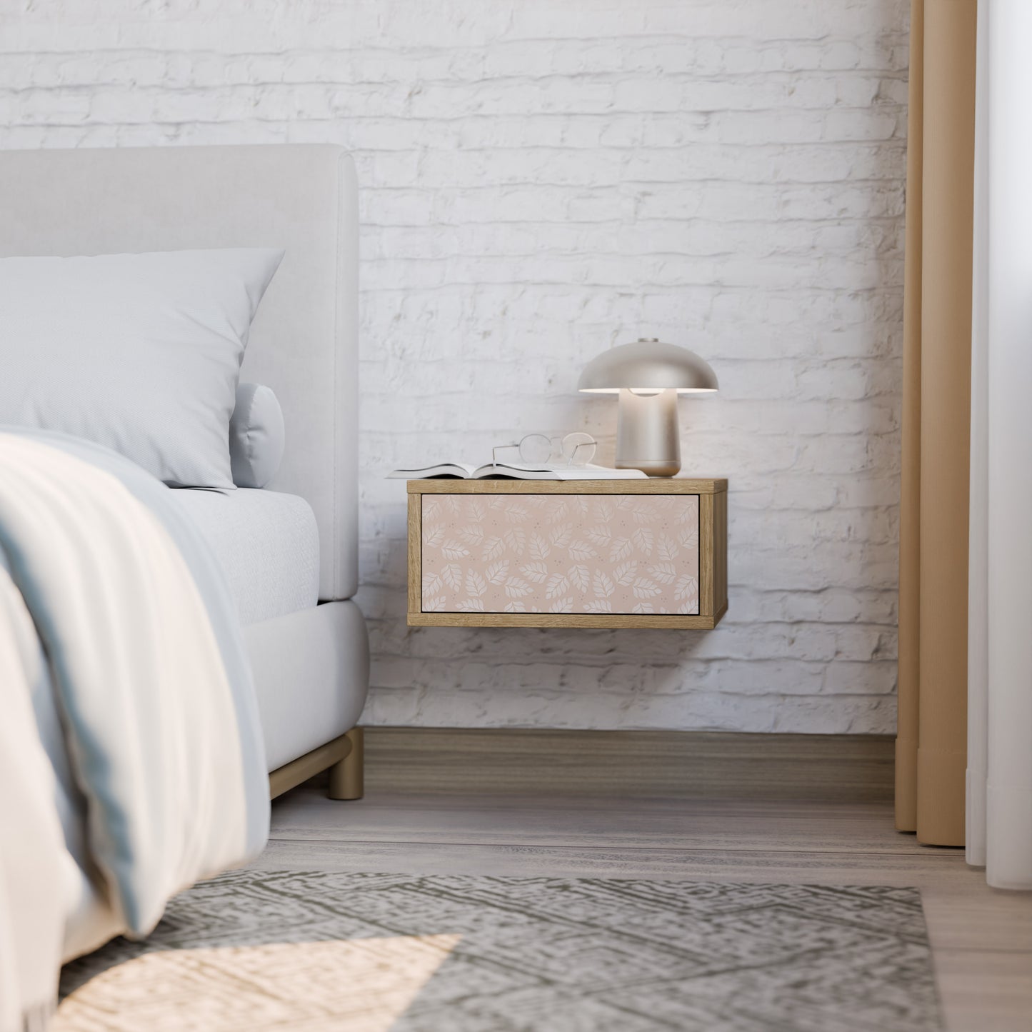 LEAVES ON BEIGE Nightstand in Oak Effect