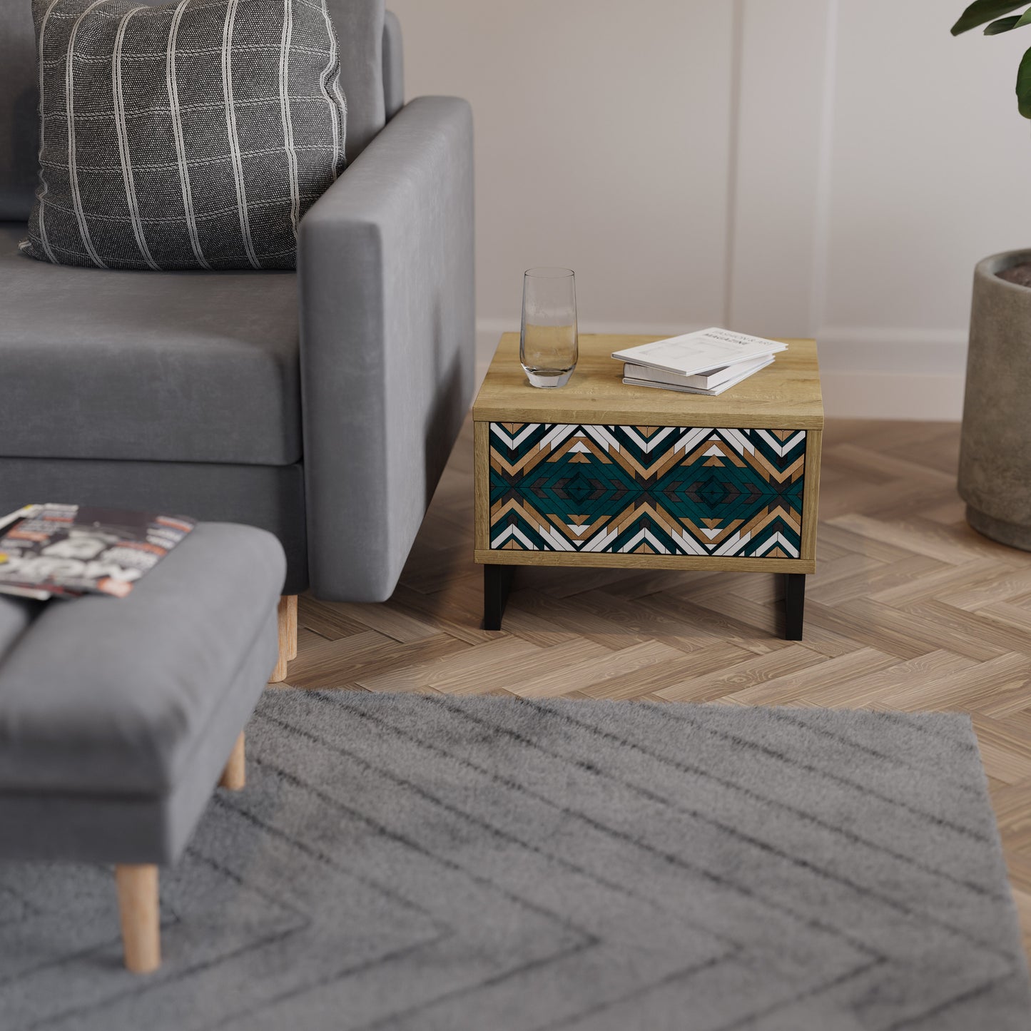 KONSTNÄRLIG GEOMETRI Nattduksbord i ekeffekt