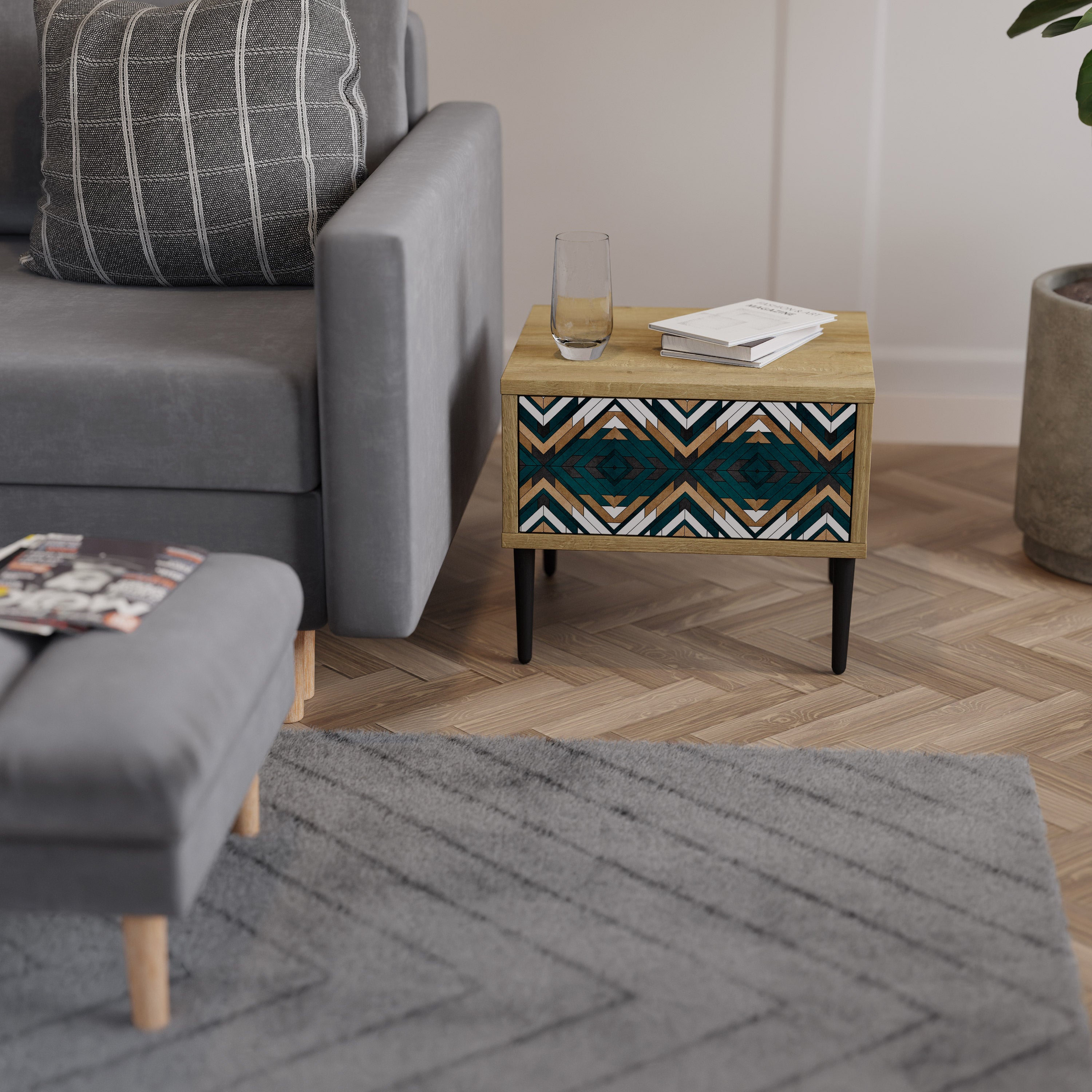 KONSTNÄRLIG GEOMETRI Nattduksbord i ekeffekt
