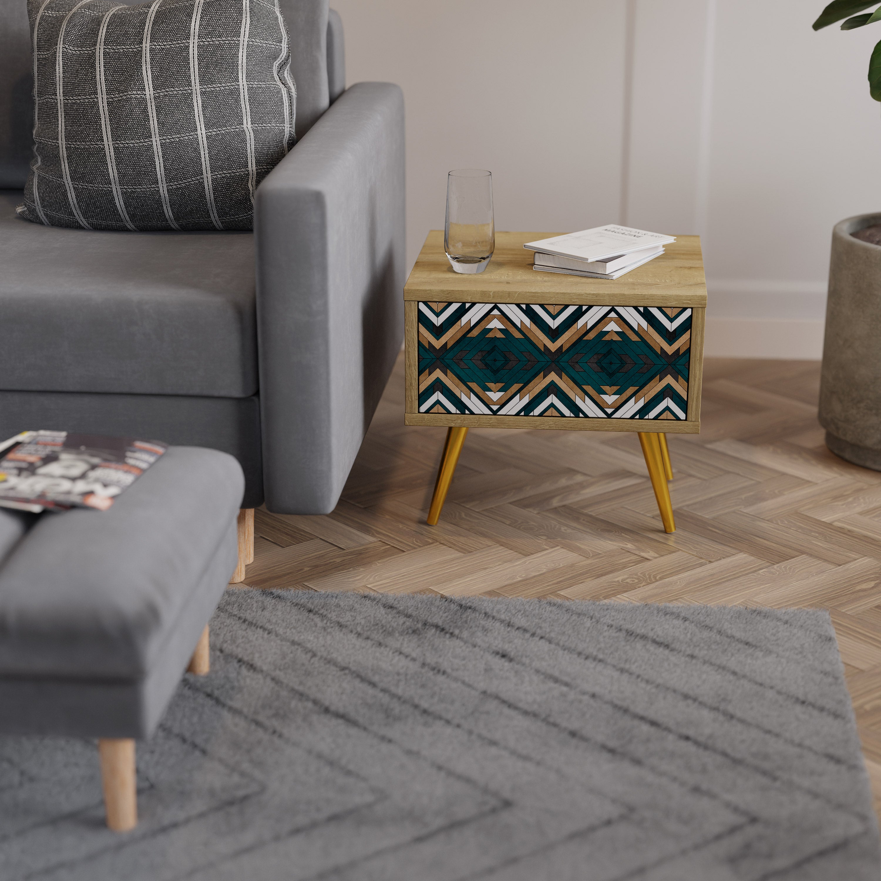 KONSTNÄRLIG GEOMETRI Nattduksbord i ekeffekt