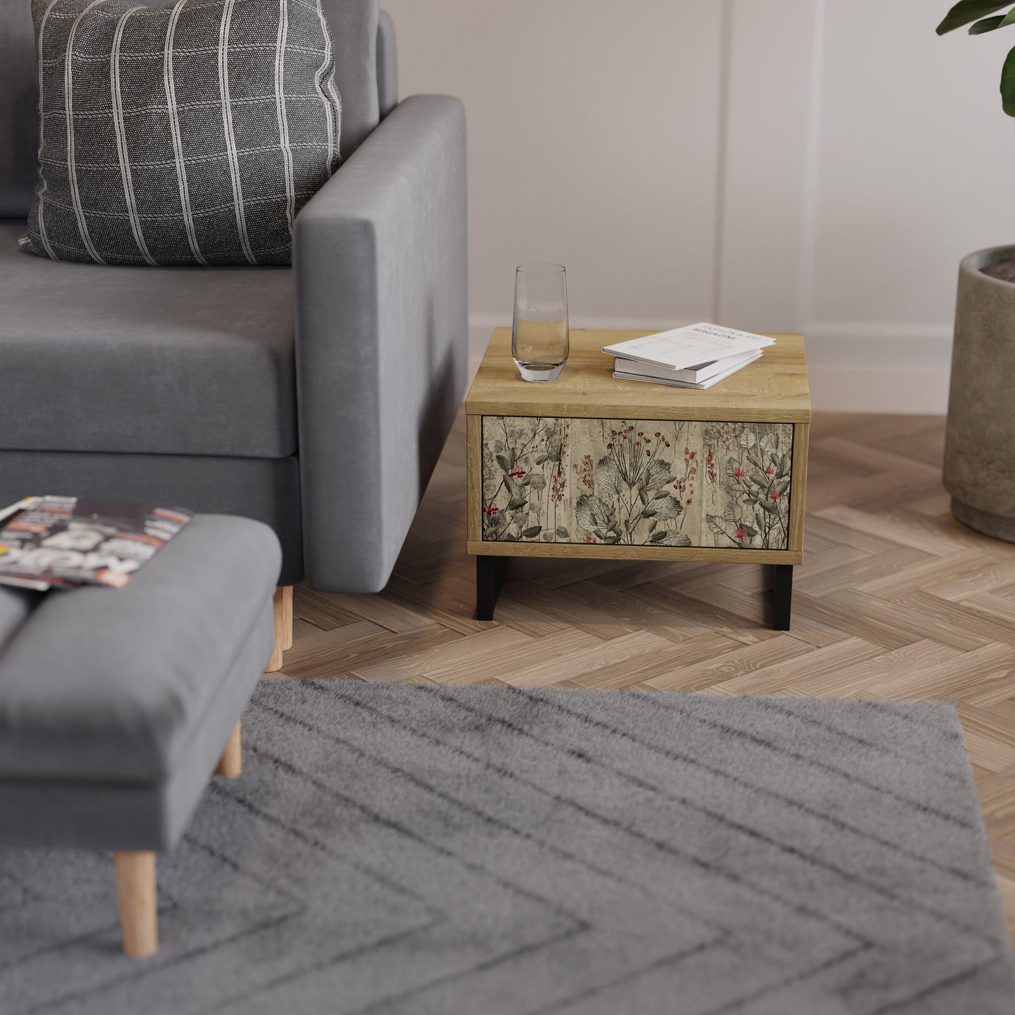 HERBAL GRACE Nightstand in Oak Effect