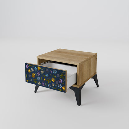 BLOMMOR PÅ MARINBLÅT Nattduksbord i Oak Effect