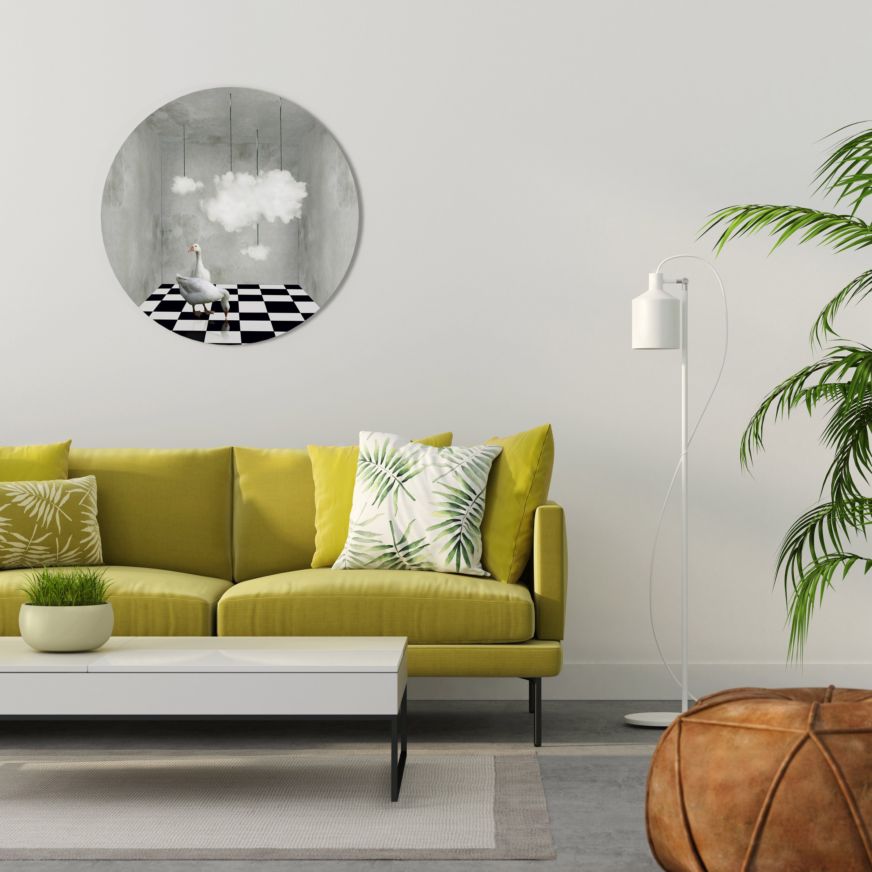 Rund väggdekoration med schackmoln och svan