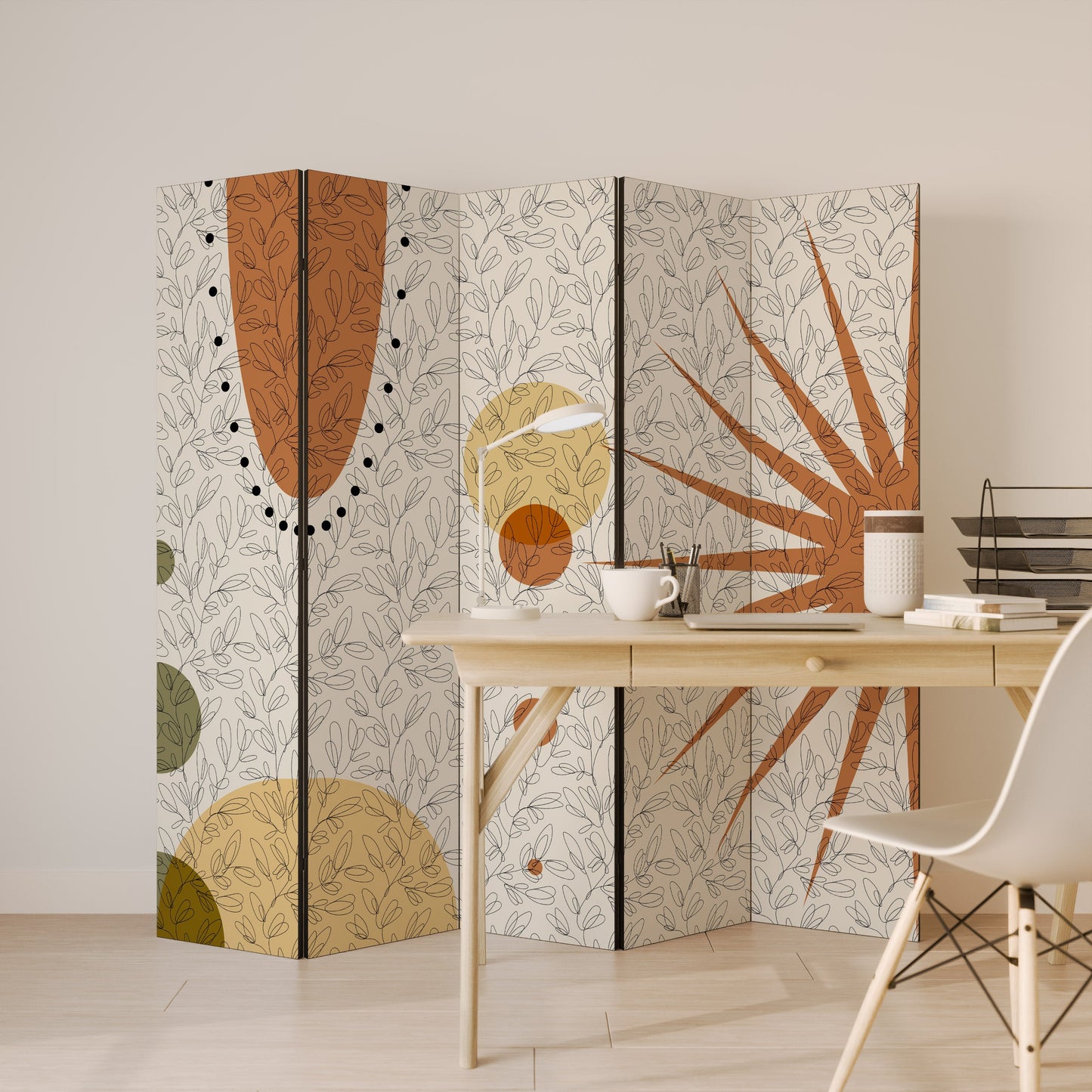 Dekorativ rumsavdelare med 5 paneler RAYS AND ROUNDELS