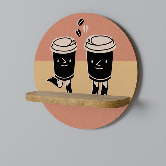 JOYFUL COFFEE Round Art Shelf In Oak Effect