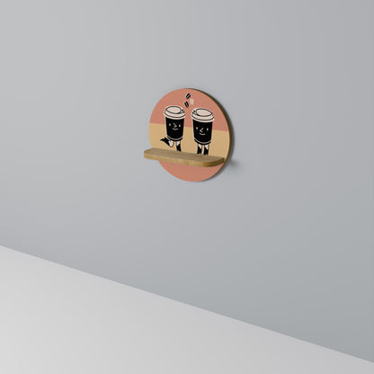 JOYFUL COFFEE Round Art Shelf In Oak Effect