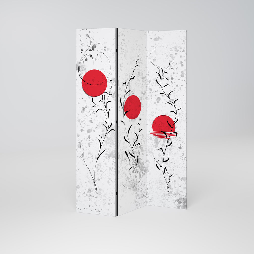 RED WHISPERS IN FOLIAGE Dekorativ rumsavdelare – 3 paneler