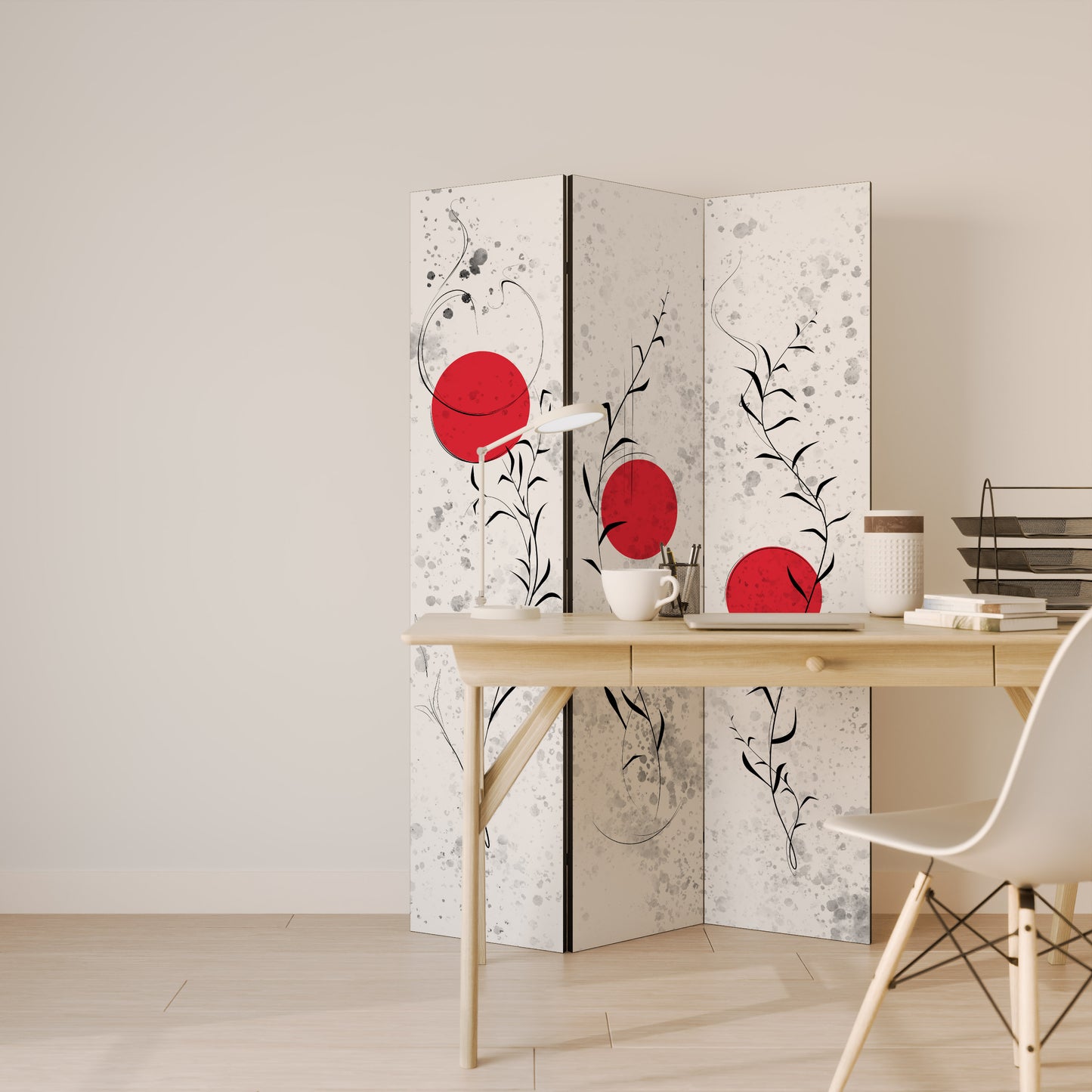 RED WHISPERS IN FOLIAGE Dekorativ rumsavdelare – 3 paneler