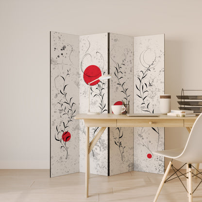 Dekorativ rumsavdelare med 4 paneler, RED WHISPERS IN FOLIAGE
