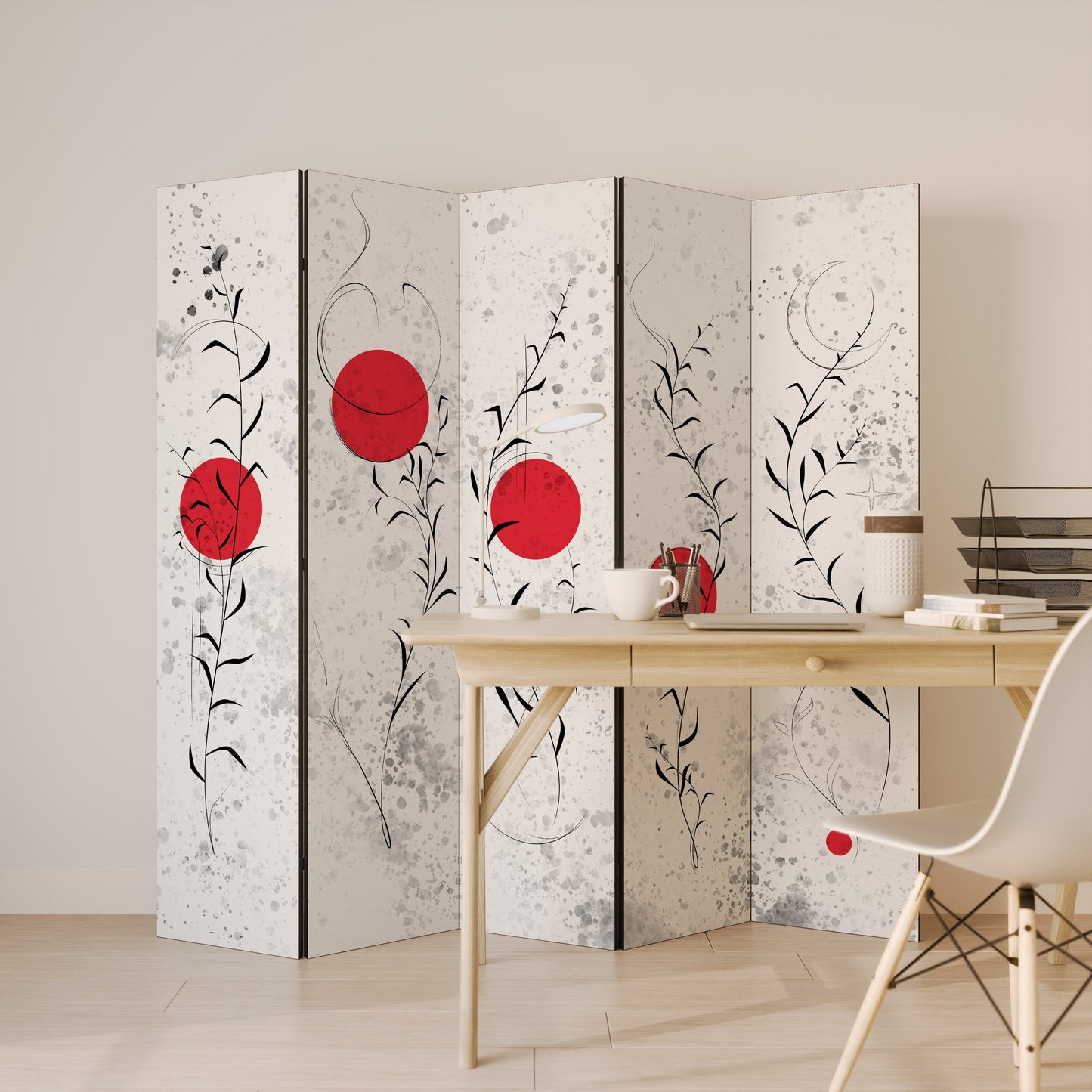 Dekorativ rumsavdelare med 5 paneler, RED WHISPERS IN FOLIAGE
