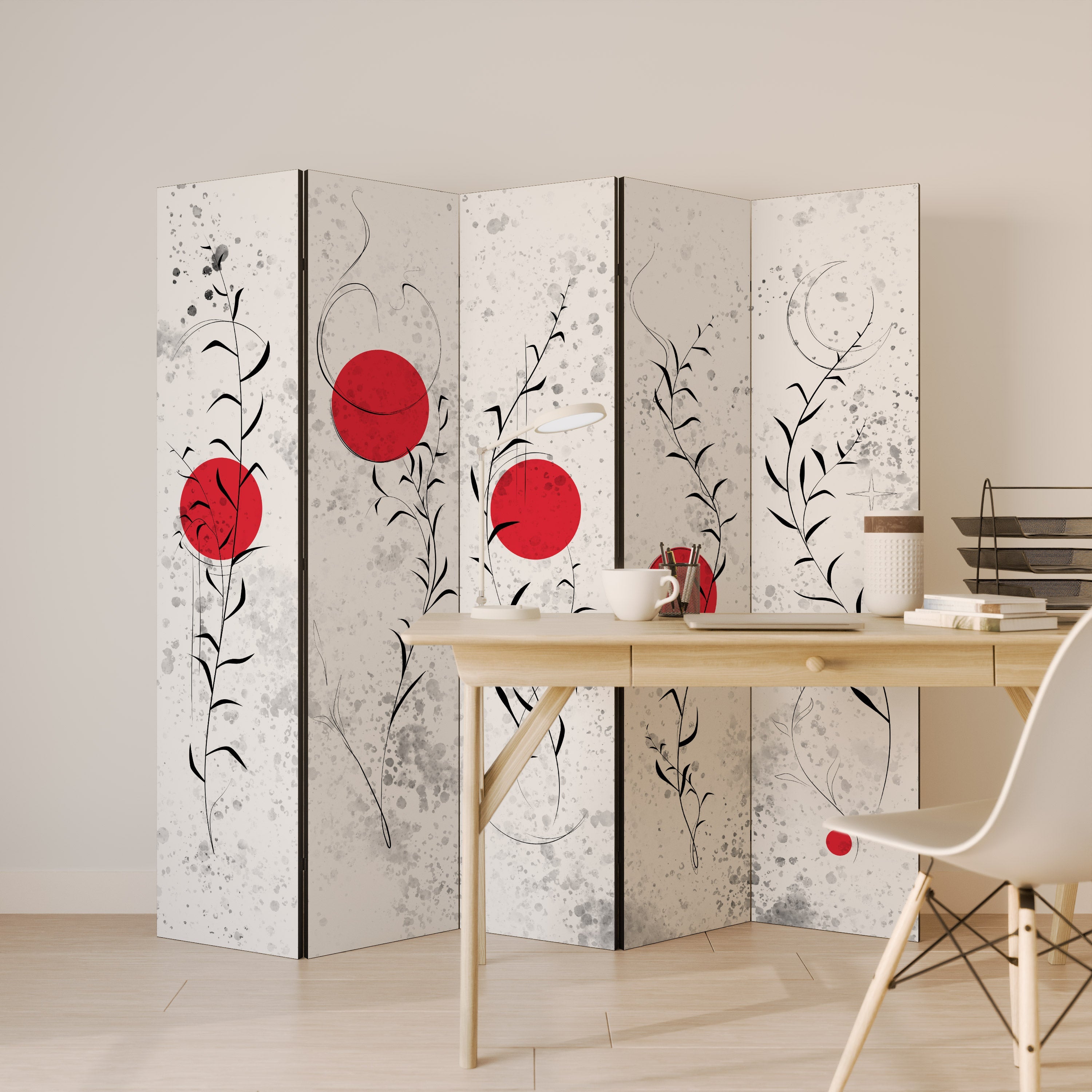 Dekorativ rumsavdelare med 5 paneler, RED WHISPERS IN FOLIAGE